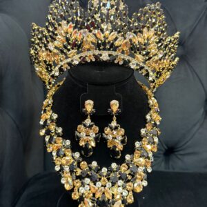Black And Gold Quinceañera Crown Bridal Tiara Set