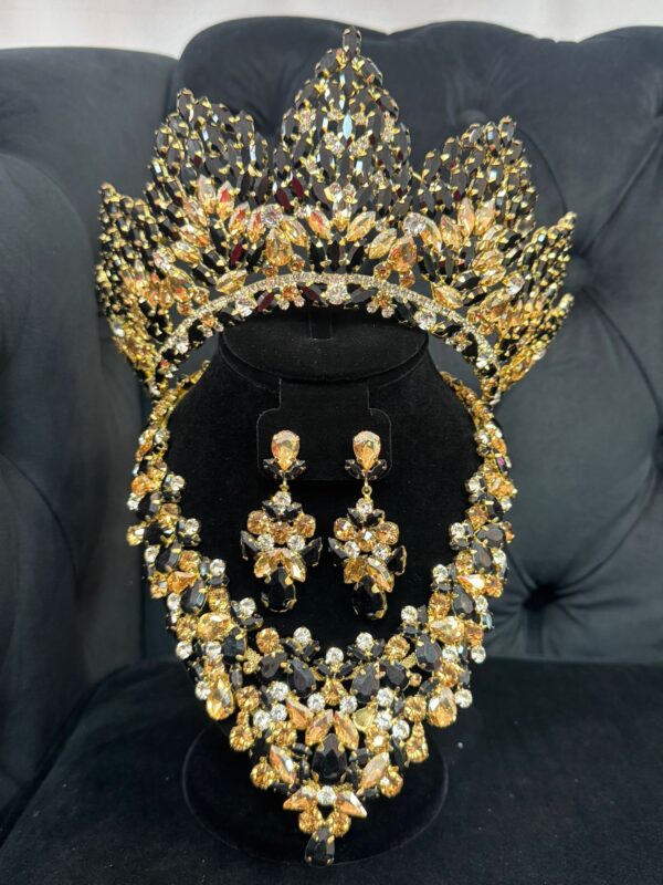 Black And Gold Quinceañera Crown Bridal Tiara Set